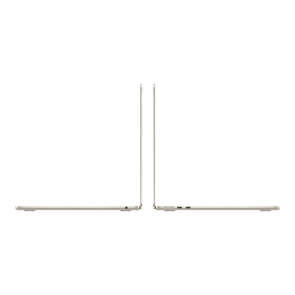 MacBook Air M5 13-inch in Starlight finish, showcasing its sleek profile and ports from a side view.