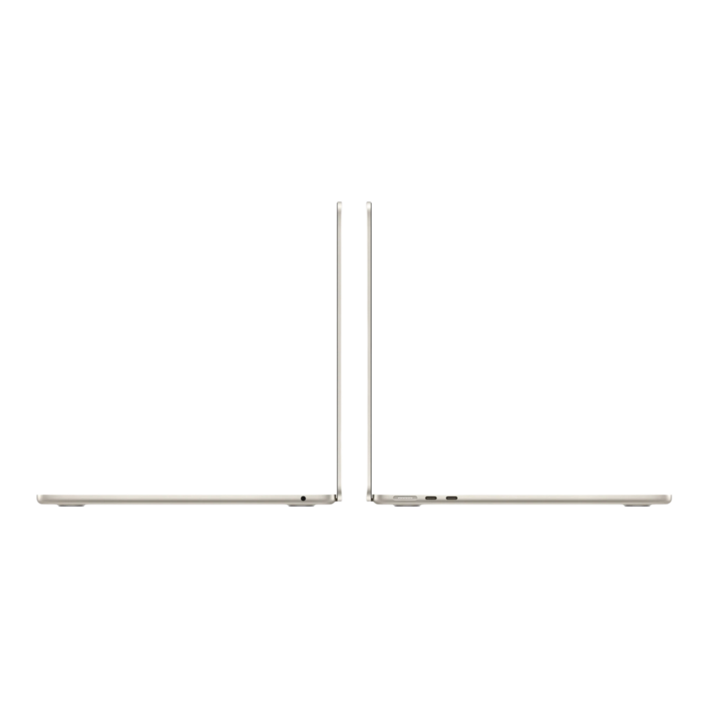 MacBook Air M5 13-inch in Starlight finish, showcasing its sleek profile and ports from a side view.