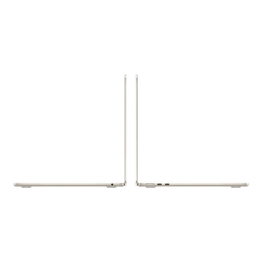 MacBook Air M5 13-inch in Starlight finish, showcasing its sleek profile and ports from a side view.