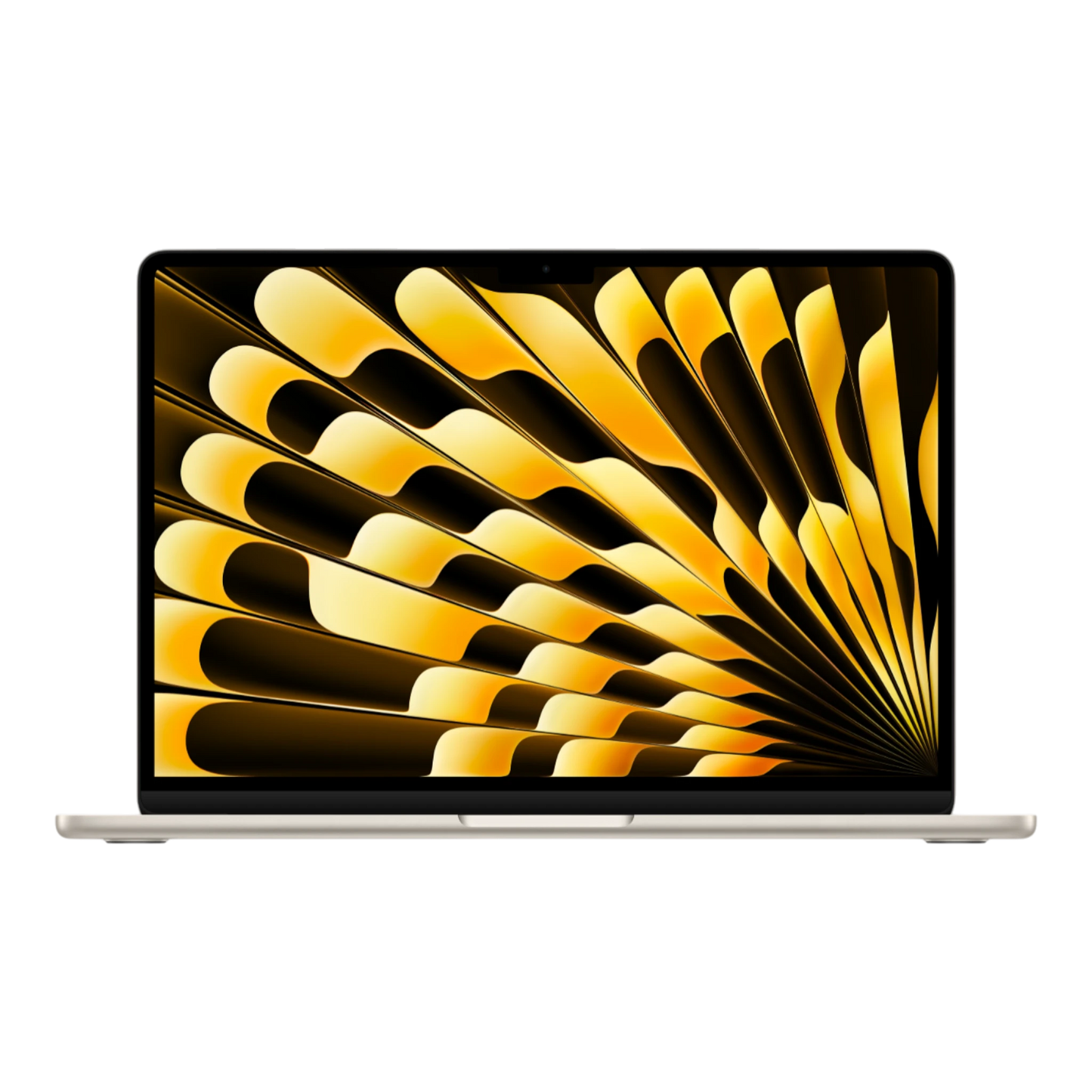 13-inch MacBook Air in Starlight, showcasing a vibrant yellow abstract wallpaper on its Retina display.