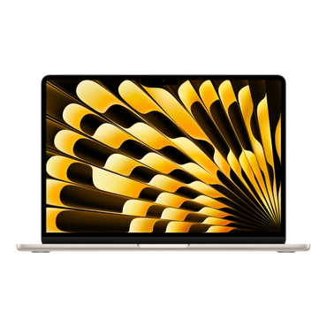 13-inch MacBook Air in Starlight, showcasing a vibrant yellow abstract wallpaper on its Retina display.