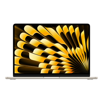 13-inch MacBook Air in Starlight, showcasing a vibrant yellow abstract wallpaper on its Retina display.