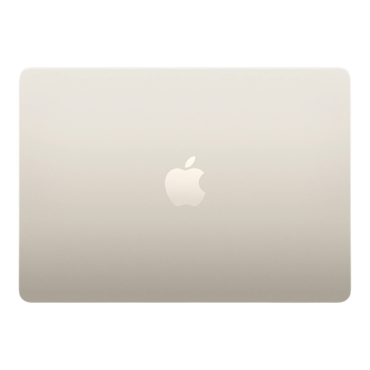Apple MacBook Air M5 13-inch in Starlight with an embossed Apple logo on the lid.