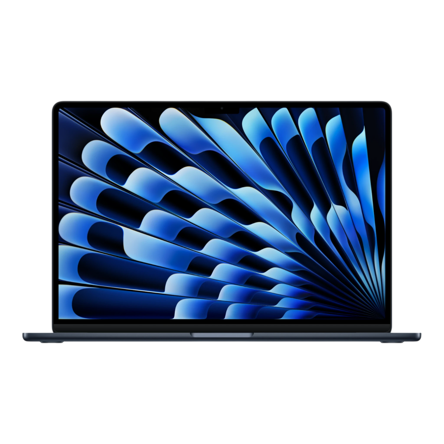 15-inch MacBook Air M5 with a vibrant blue abstract screen display against a black background.