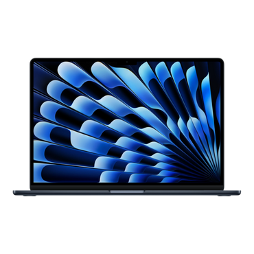 15-inch MacBook Air M5 with a vibrant blue abstract screen display against a black background.