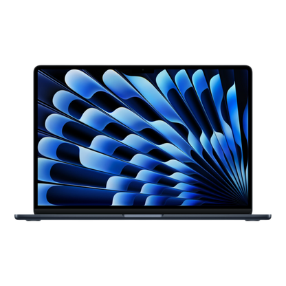 15-inch MacBook Air M5 with a vibrant blue abstract screen display against a black background.