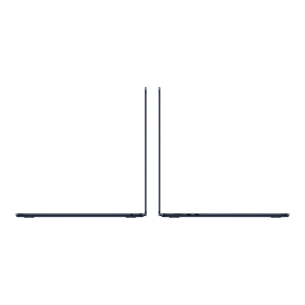 Two MacBook Air laptops in Midnight finish displayed at an angle, showcasing their sleek design and thin profiles.