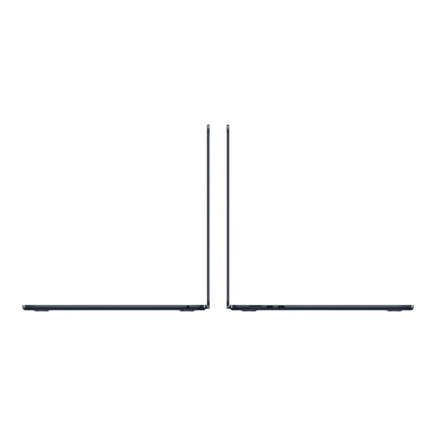 Two MacBook Air laptops in Midnight finish displayed at an angle, showcasing their sleek design and thin profiles.