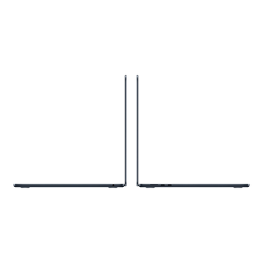 Two MacBook Air laptops in Midnight finish displayed at an angle, showcasing their sleek design and thin profiles.