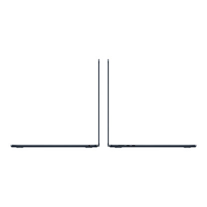 Two MacBook Air laptops in Midnight finish displayed at an angle, showcasing their sleek design and thin profiles.