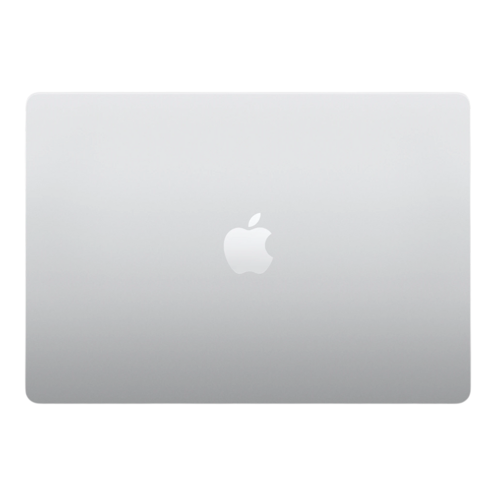 Silver 15-inch MacBook Air with a glossy Apple logo on the lid.