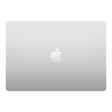 Silver 15-inch MacBook Air with a glossy Apple logo on the lid.