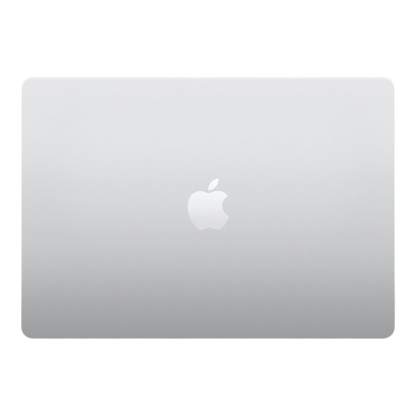 Silver 15-inch MacBook Air with a glossy Apple logo on the lid.