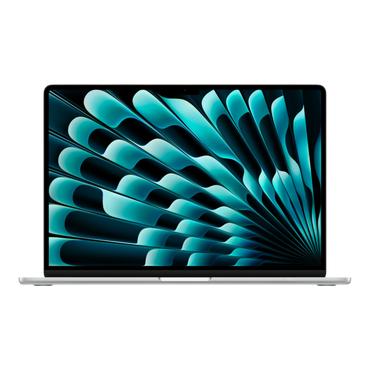 15-inch silver MacBook Air M5 displaying an abstract blue and black graphic on its screen.