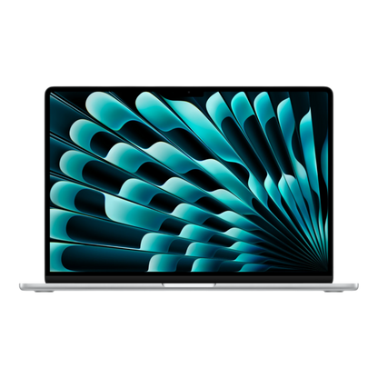 15-inch silver MacBook Air M5 displaying an abstract blue and black graphic on its screen.