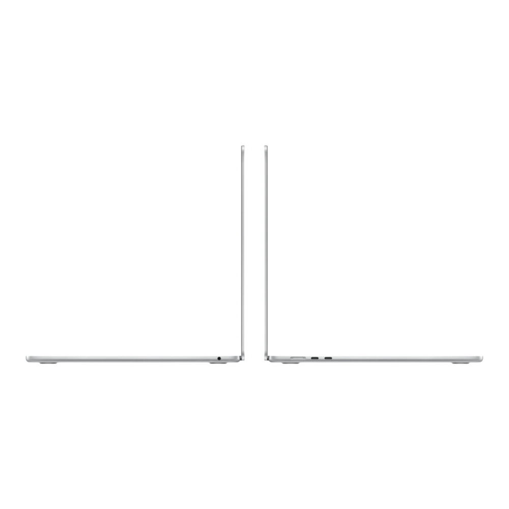 Silver MacBook Air 15-inch laptop shown from side profile, highlighting its sleek design and ports.