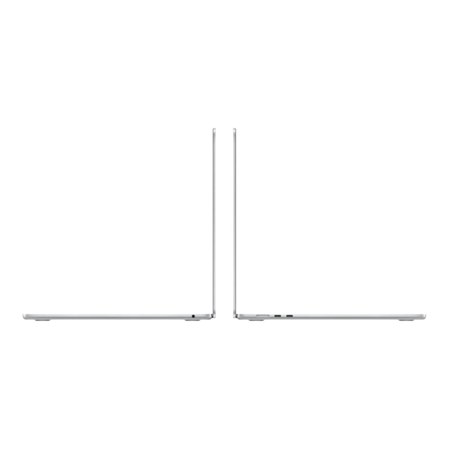 Silver MacBook Air 15-inch laptop shown from side profile, highlighting its sleek design and ports.