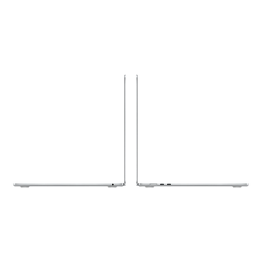 Silver MacBook Air 15-inch laptop shown from side profile, highlighting its sleek design and ports.