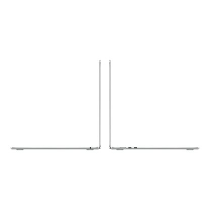 Silver MacBook Air 15-inch laptop shown from side profile, highlighting its sleek design and ports.