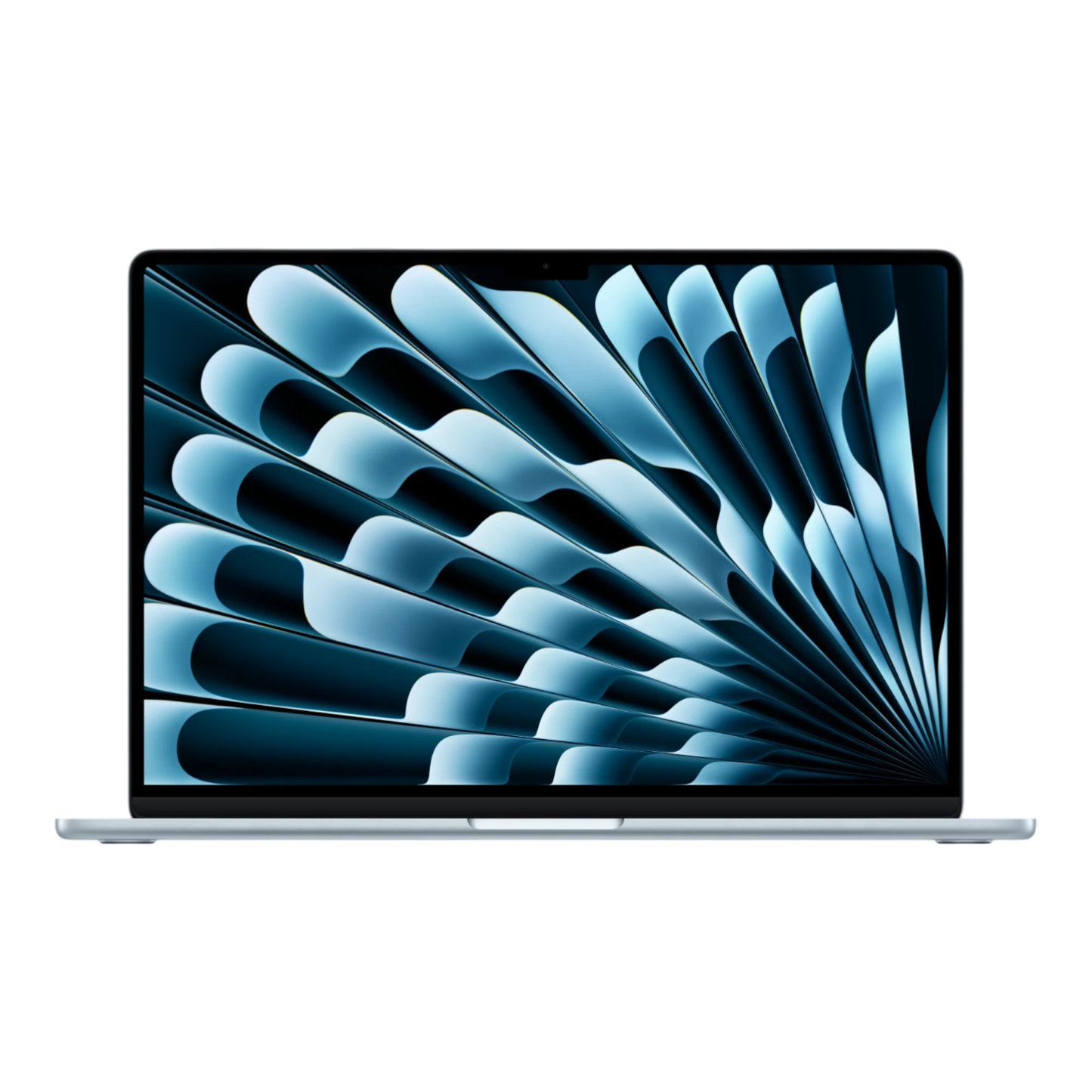 15-inch MacBook Air M5 in sky blue displaying a dynamic abstract pattern on its screen.