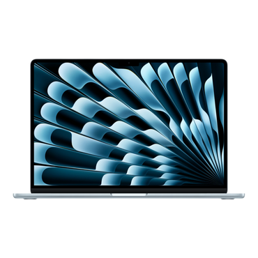 15-inch MacBook Air M5 in sky blue displaying a dynamic abstract pattern on its screen.