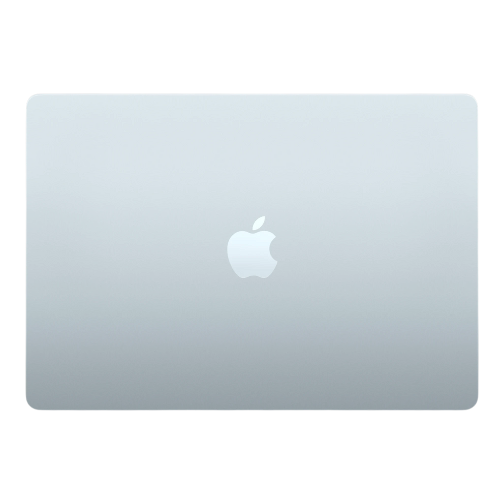 15-inch Sky Blue MacBook Air M5 with an Apple logo on a sleek surface.