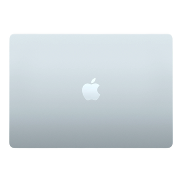 15-inch Sky Blue MacBook Air M5 with an Apple logo on a sleek surface.