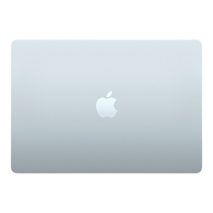 15-inch Sky Blue MacBook Air M5 with an Apple logo on a sleek surface.