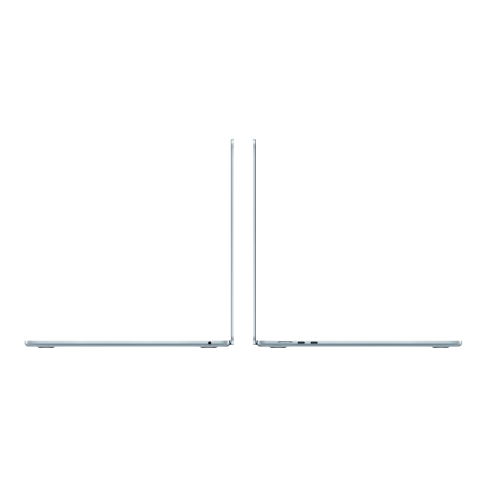 A side view of a 15-inch MacBook Air M5 in sky blue, showcasing its sleek design and connectivity ports.
