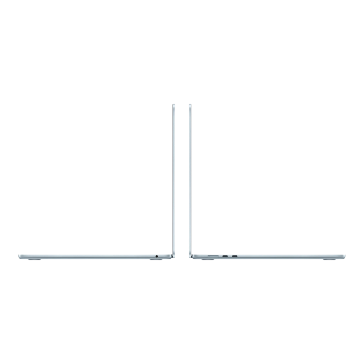 A side view of a 15-inch MacBook Air M5 in sky blue, showcasing its sleek design and connectivity ports.