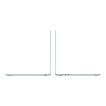 A side view of a 15-inch MacBook Air M5 in sky blue, showcasing its sleek design and connectivity ports.