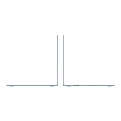 A side view of a 15-inch MacBook Air M5 in sky blue, showcasing its sleek design and connectivity ports.