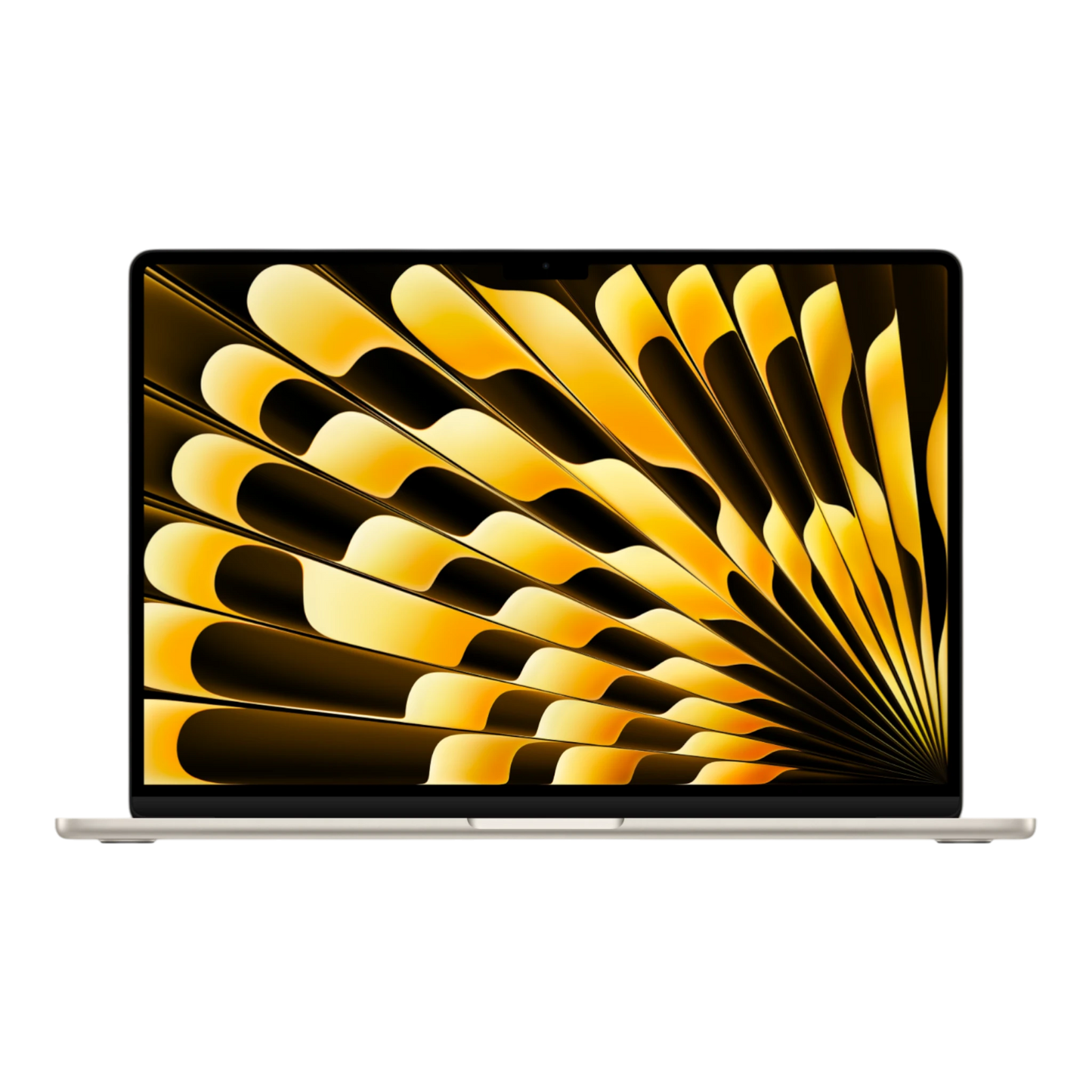 15-inch MacBook Air M5 in starlight, displaying an abstract gold and black design on its screen.