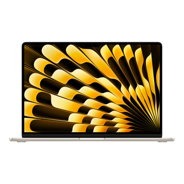 15-inch MacBook Air M5 in starlight, displaying an abstract gold and black design on its screen.