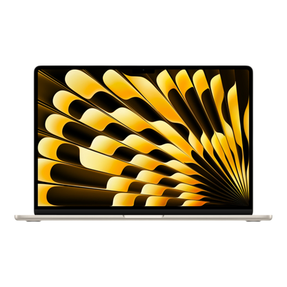 15-inch MacBook Air M5 in starlight, displaying an abstract gold and black design on its screen.