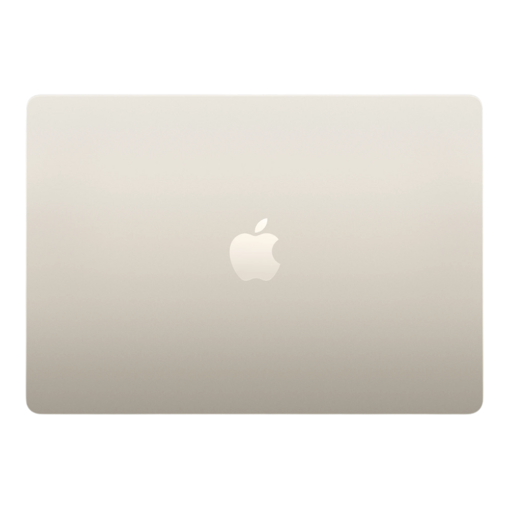 Starlight MacBook Air 15-inch with Apple logo on a sleek, polished surface.
