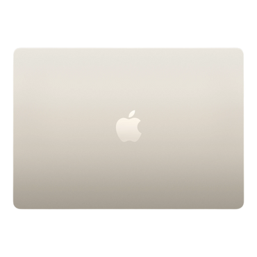 Starlight MacBook Air 15-inch with Apple logo on a sleek, polished surface.