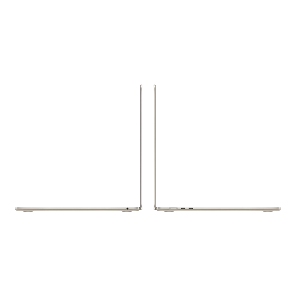 Image of two MacBook Air laptops in Starlight finish, showcasing their sleek design from a side angle.