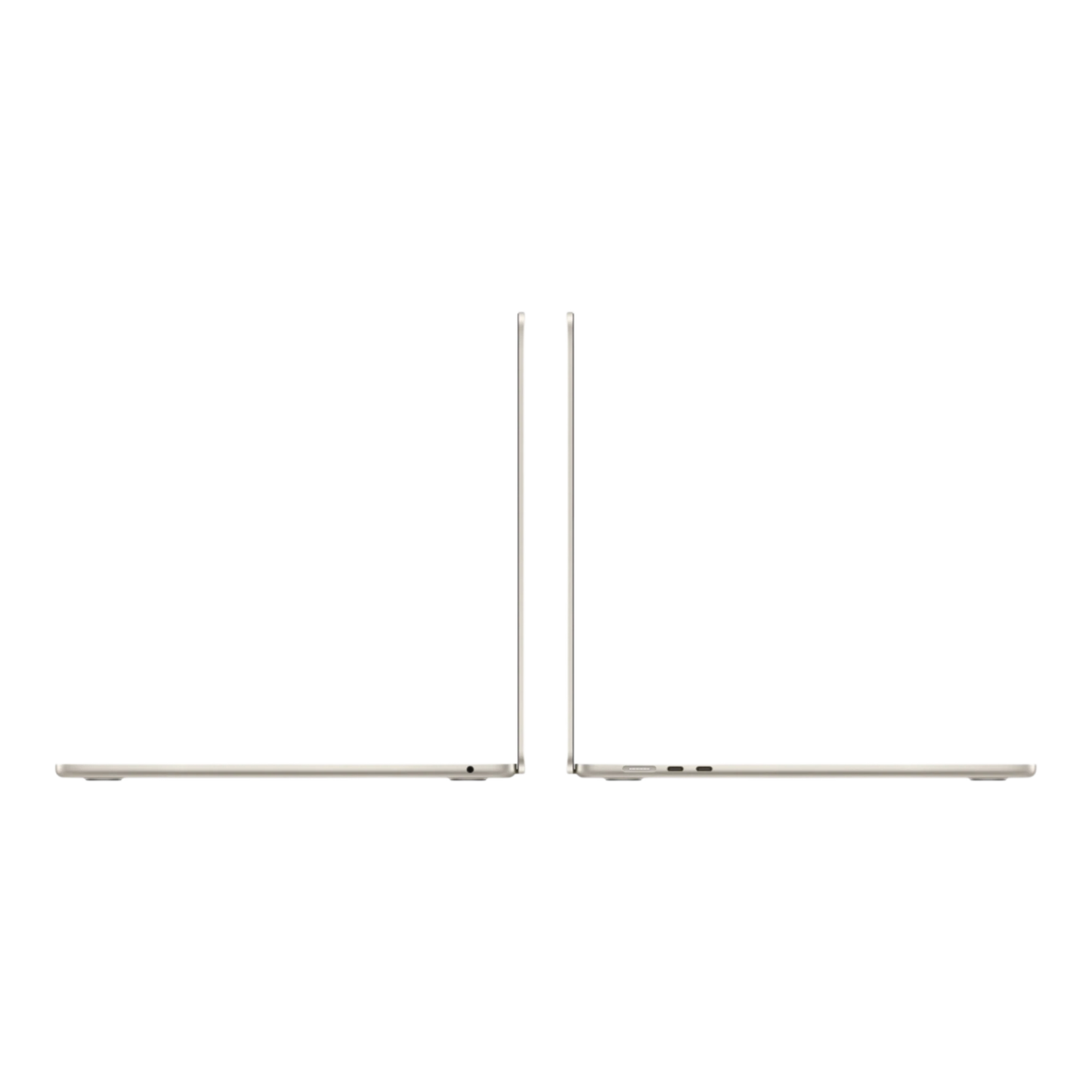 Image of two MacBook Air laptops in Starlight finish, showcasing their sleek design from a side angle.