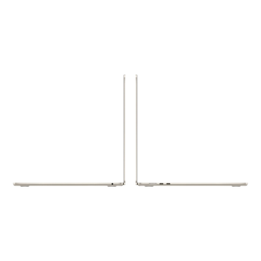 Image of two MacBook Air laptops in Starlight finish, showcasing their sleek design from a side angle.