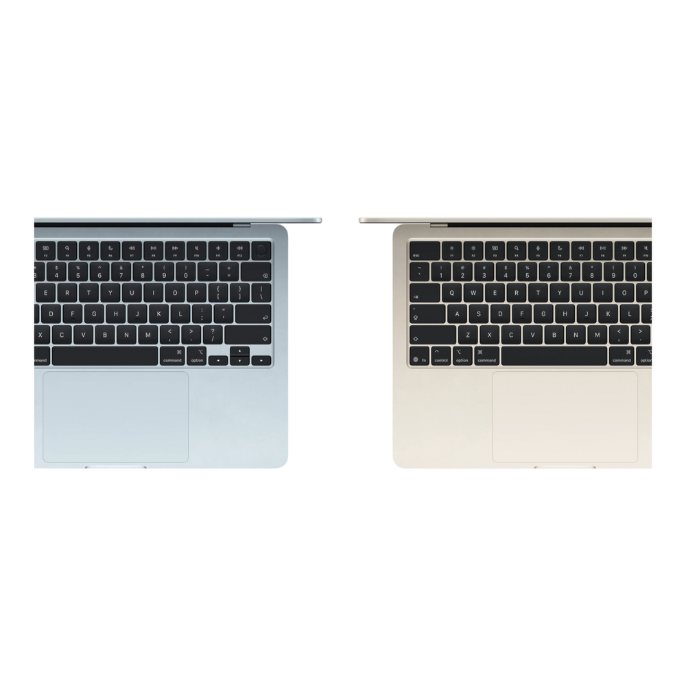 Top view of two MacBook Air M5 13-inch laptops in space gray and gold color options.