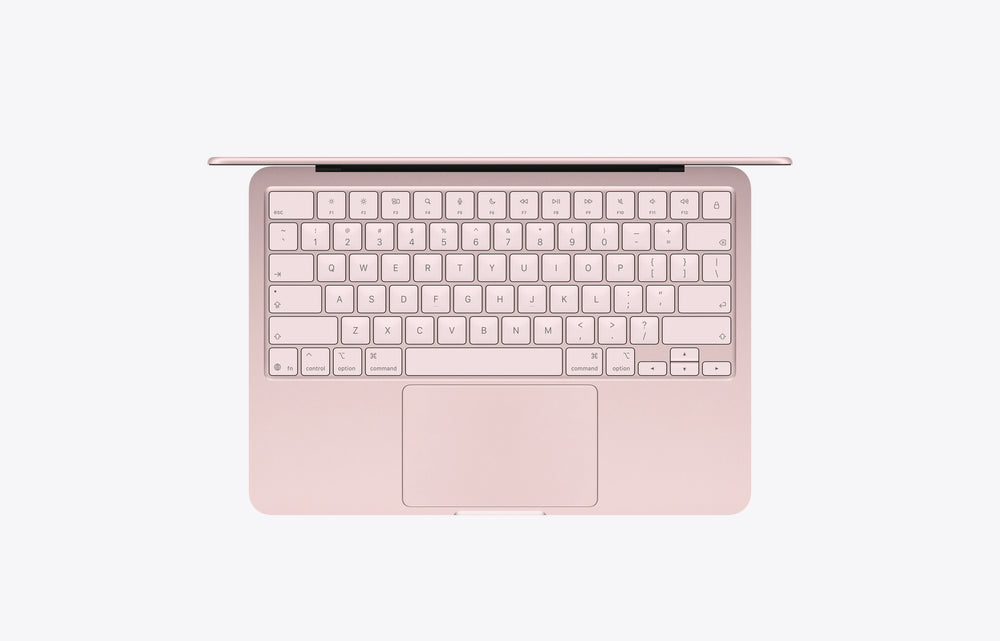 Top view of a MacBook Neo in blush color, featuring a 256GB capacity keyboard and trackpad.