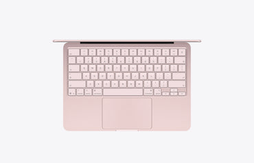 Top view of a MacBook Neo in blush color, featuring a 256GB capacity keyboard and trackpad.