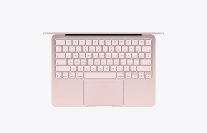 Top view of a MacBook Neo in blush color, featuring a 256GB capacity keyboard and trackpad.