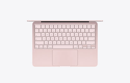Top view of a MacBook Neo in blush color featuring a 512GB storage keyboard and touchpad.