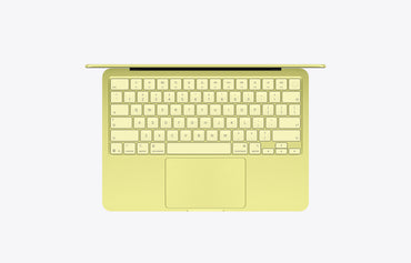 Top view of a yellow MacBook Neo Citrus with a 512GB SSD, showcasing the keyboard and trackpad.