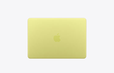 Apple MacBook in a vibrant citrus yellow color, seen from the back with a logo prominently displayed.