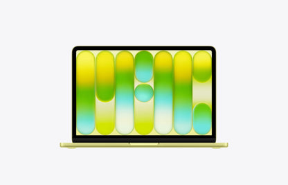 MacBook Neo in Citrus color displaying vibrant abstract graphics on the screen.