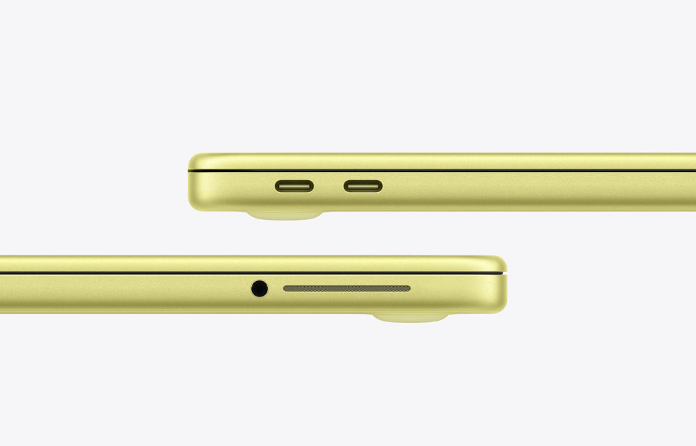 Side view of a yellow MacBook Neo Citrus showing USB-C ports and a headphone jack.