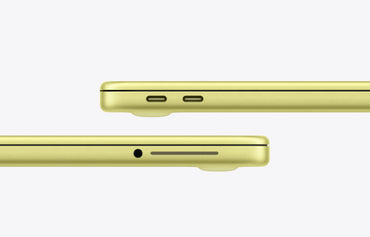 Side view of a yellow MacBook Neo Citrus showing USB-C ports and a headphone jack.